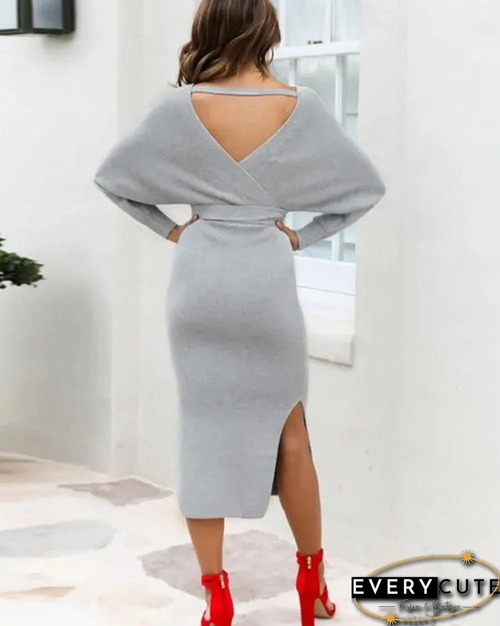 Knitting V Neck Split Sweater Dress