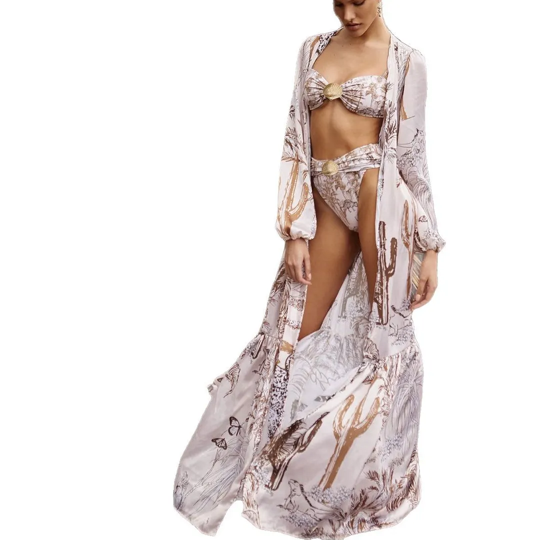 Churchf 2025 New Retro Print Bra High-Waisted Bikini Long-Sleeved Mesh Jar Jersey Cardigan Three-Piece Set Of Split Swimsuit