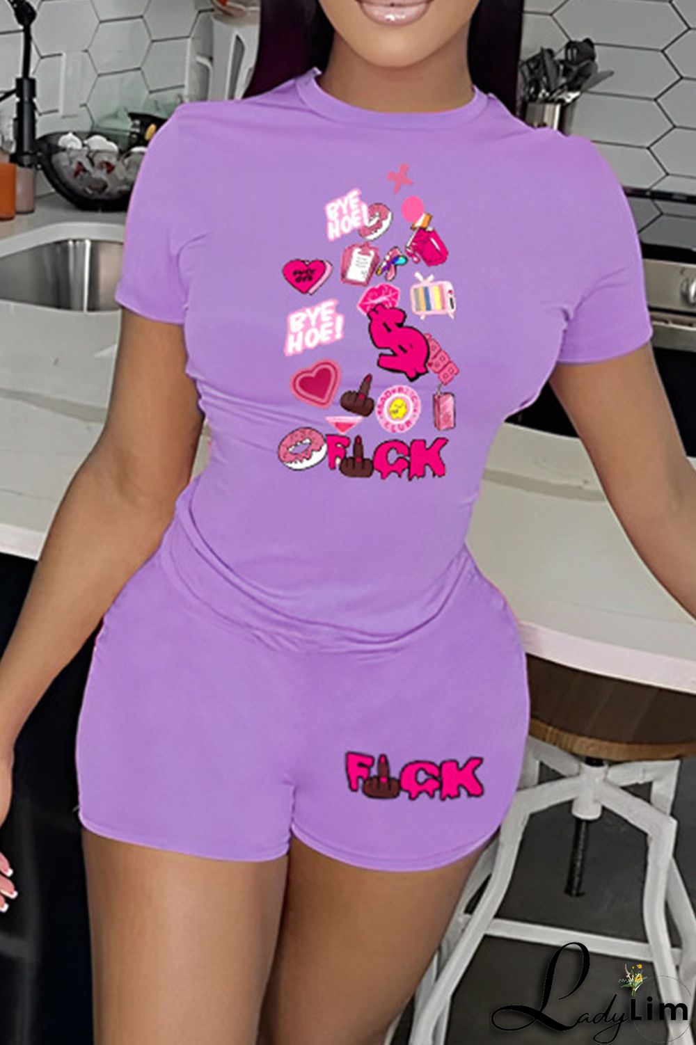 Orange Casual Print Patchwork O Neck Short Sleeve Two Pieces