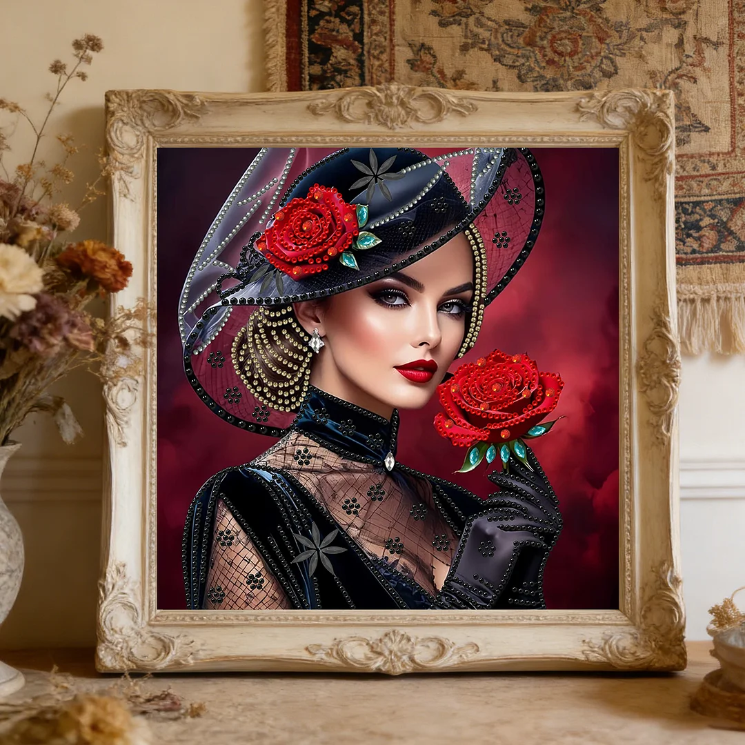 Beauty Lady in a Top Hat Red Bckdrop Special Shaped 5D DIY Partial Drill Diamonds Dots Gem Art Kits for Adults Beginners Home Decor Diamonds Paintings Gem Art 11.81 X11.81inch