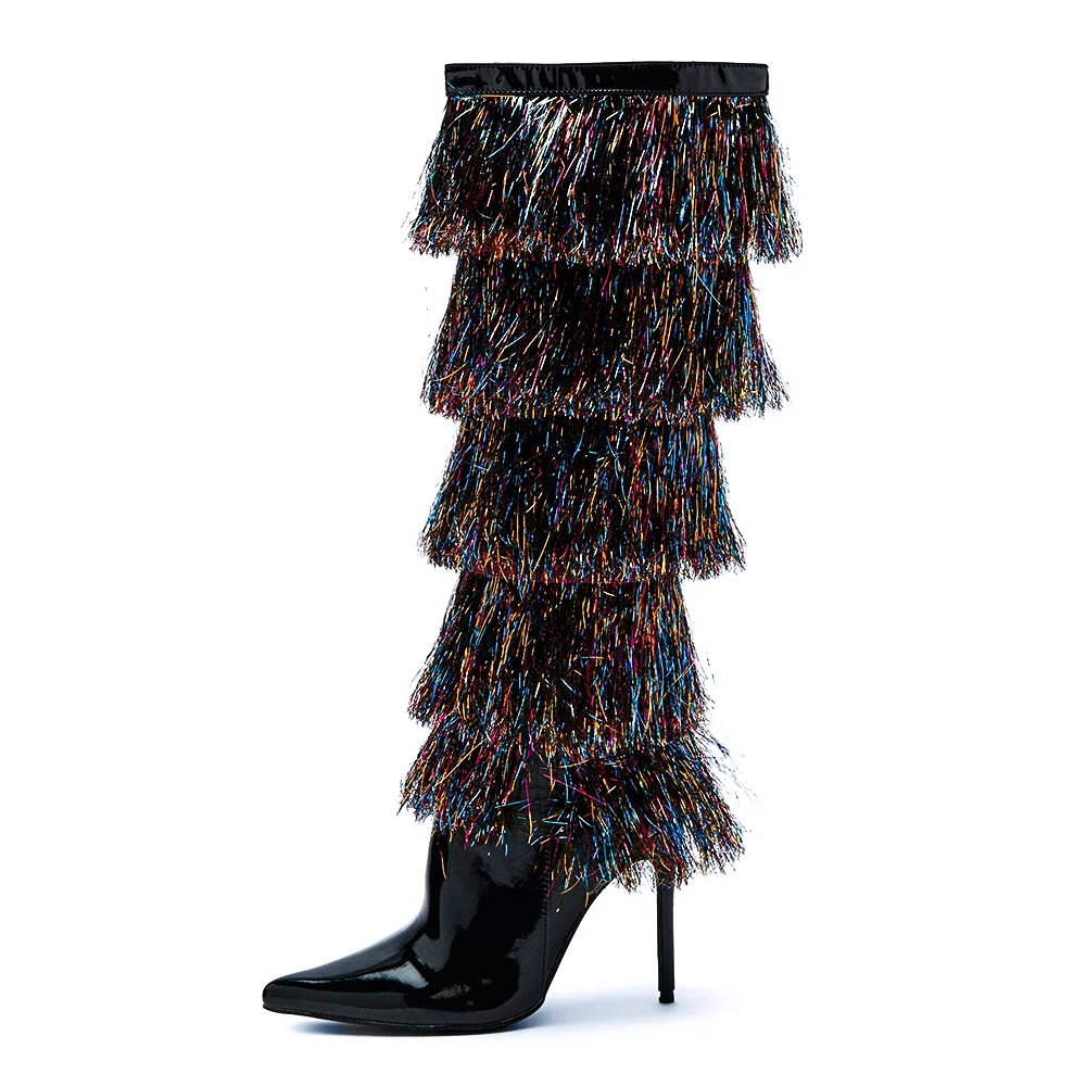 Black Pointed Toe Stiletto Boots Colorful Tassel Knee High Boots Nicepairs