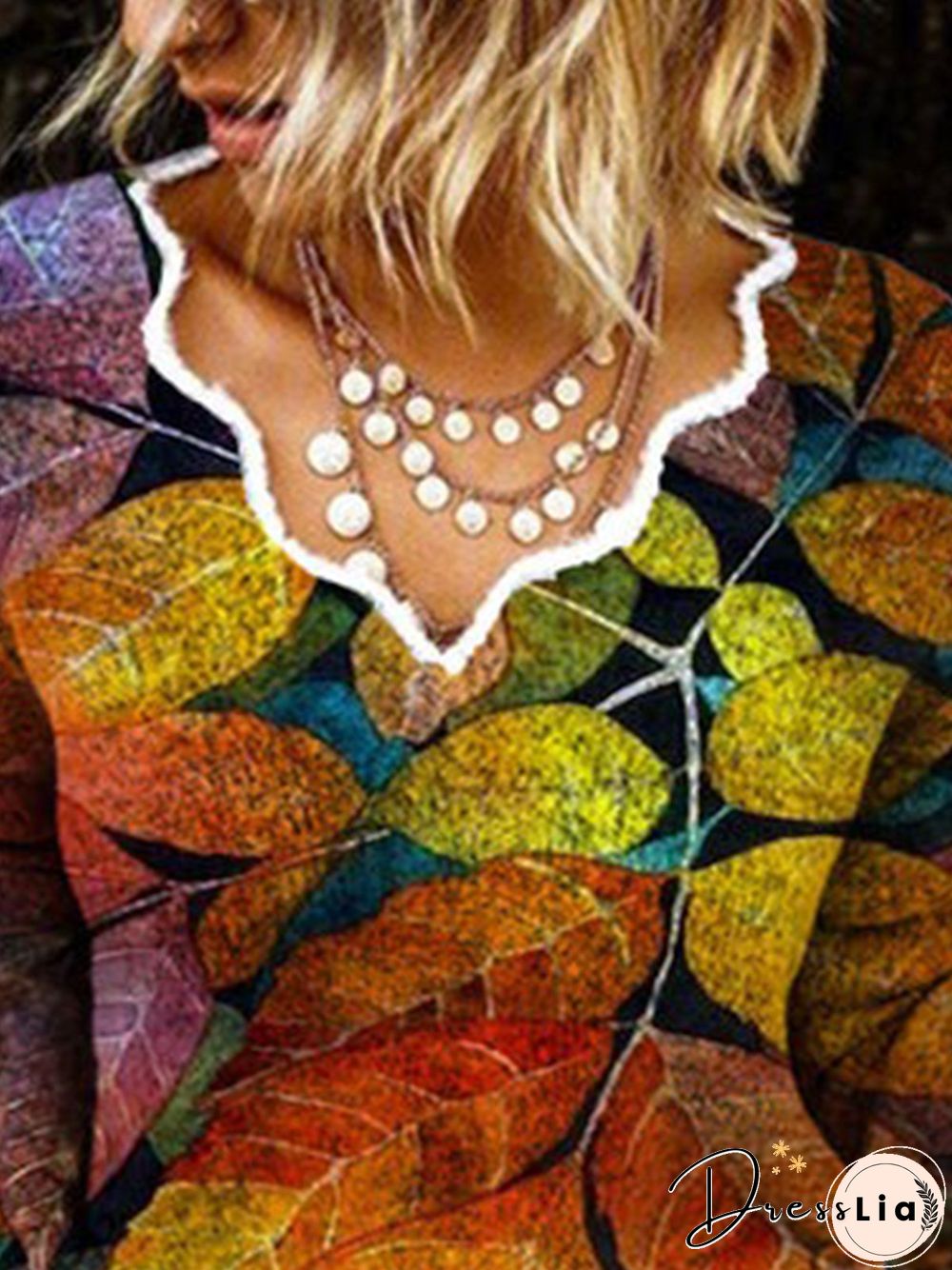 Multicolor Leaves Printed V Neck Long Sleeve Casual Tops