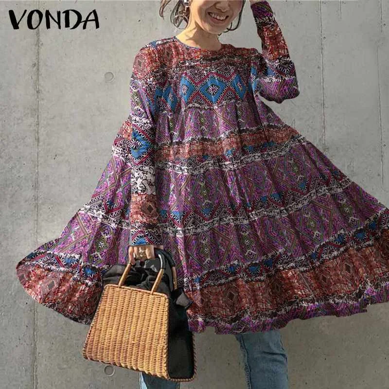 VONDA Autumn Dress Casual Long Sleeve O Neck Floral Print Ruffle Dresses Oversized Baggy Cotton Sundress Femme Bohemian Vestidos