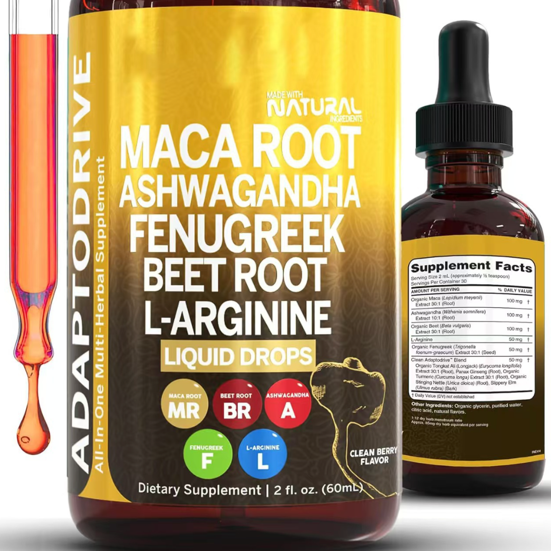 Maca Root & Adaptogen Liquid Drops with Ashwagandha, Fenugreek, Beet Root & L-Arginine – Energy & Hormonal Support for Men and Women