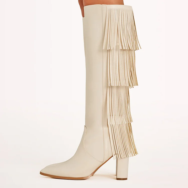 Ivory Chunky Heel Zipper Boots Classic Pointed Toe Fringe Shoes Fashion Patent Knee Boots |FSJ Shoes