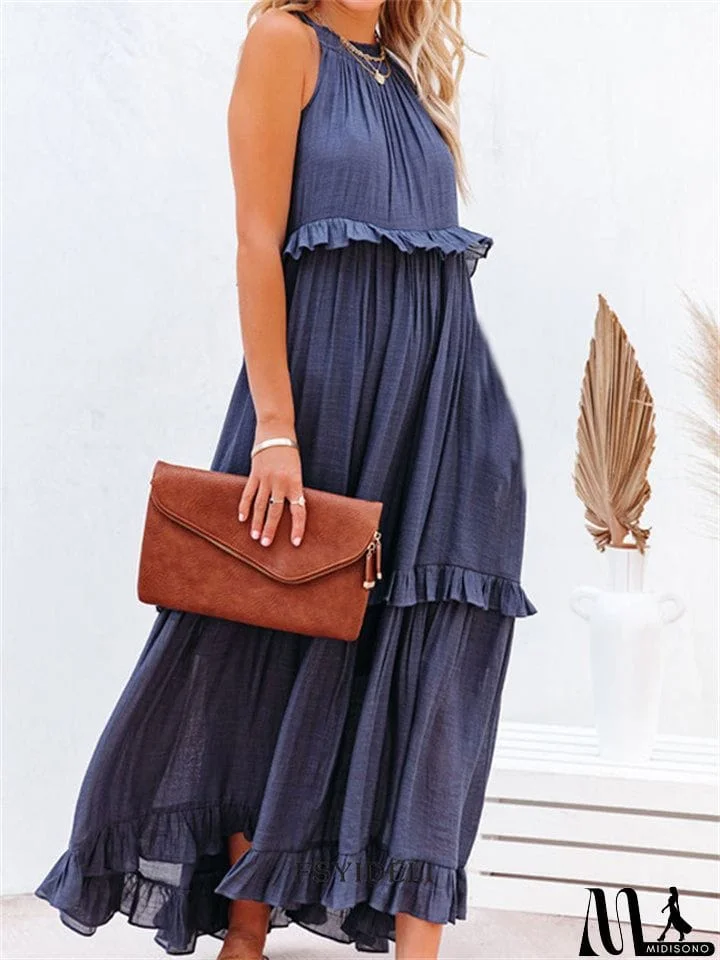MidiSono - Romantic Ruffles Swing Sleeveless Halter Maxi Dress for Women