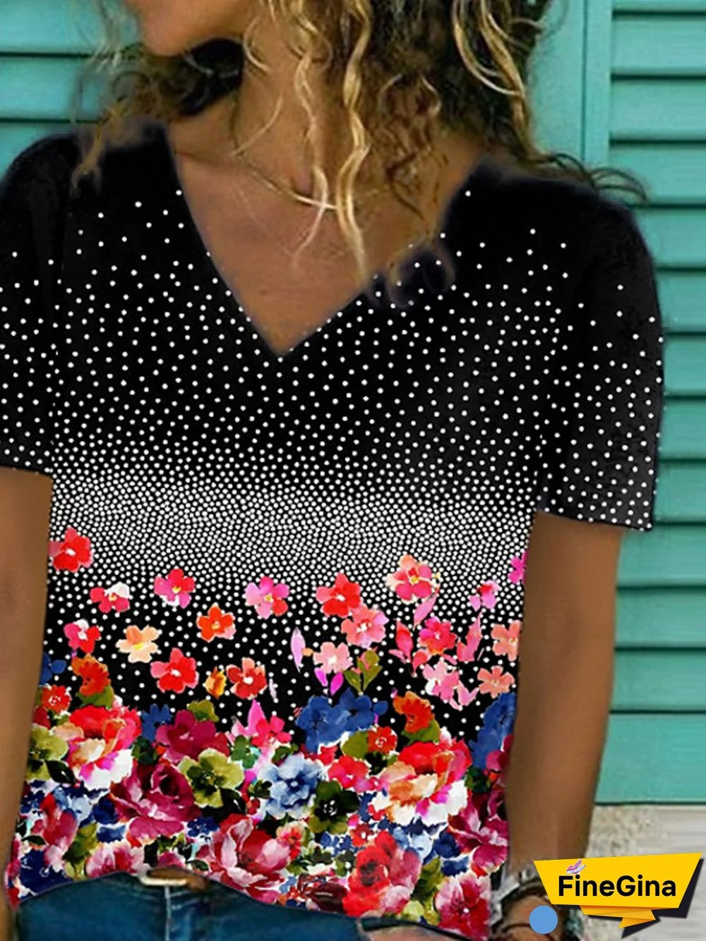 Short Sleeve V Neck Cotton-Blend T-shirt