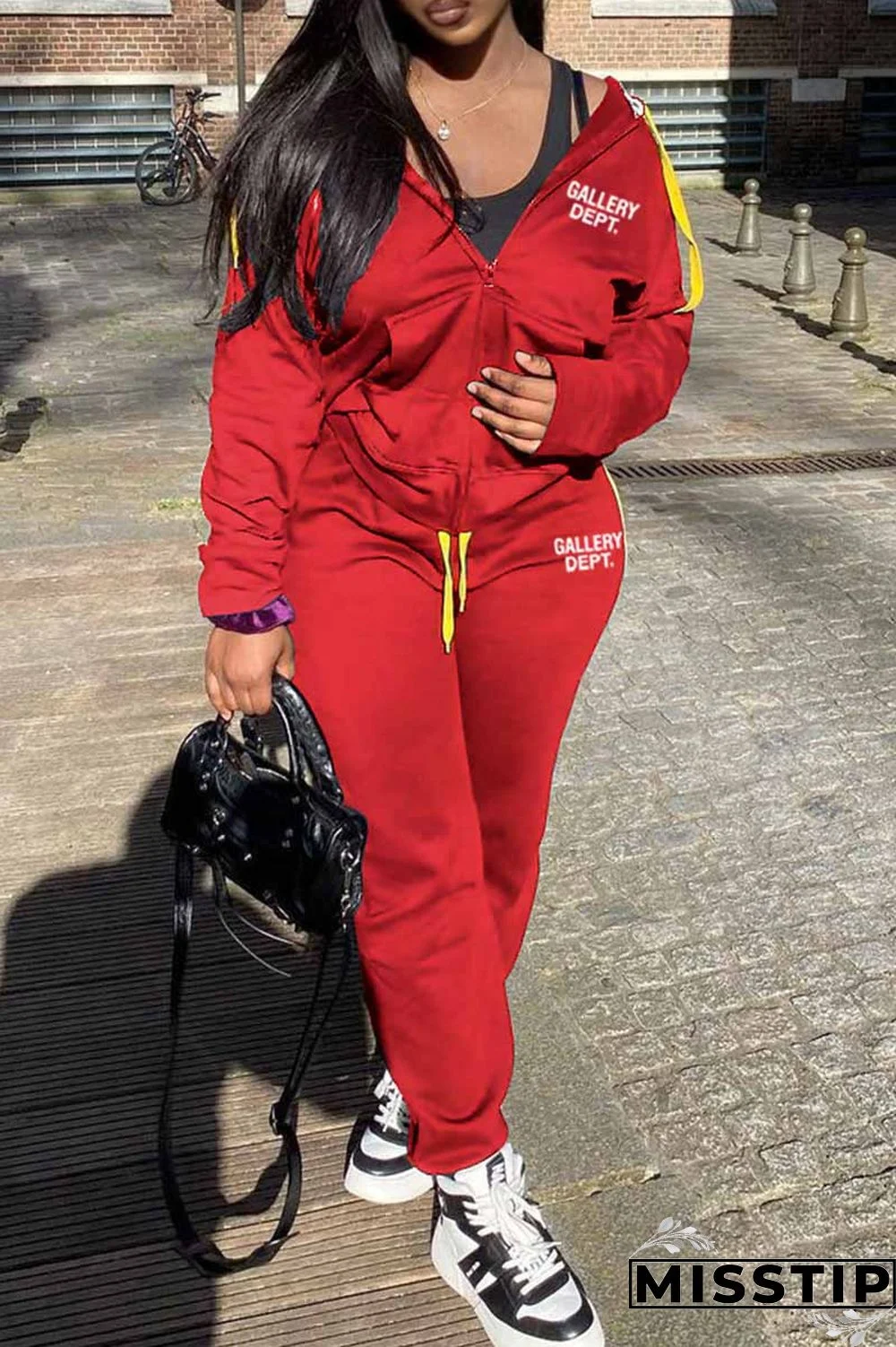 Black Casual Print Letter Hooded Collar Long Sleeve Two Pieces