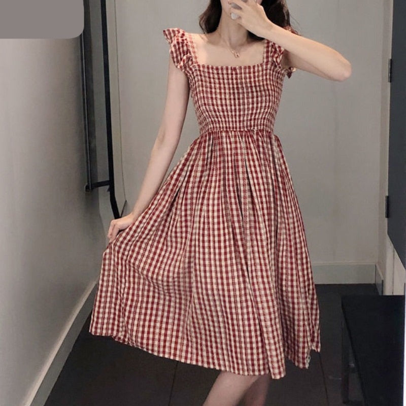 Sleeveless Dress Women Retros Plaid Square Collar Korean Style Fashion Temperament Vintage Sweet Ladies Harajuku Casual Tender LANFUBEISI