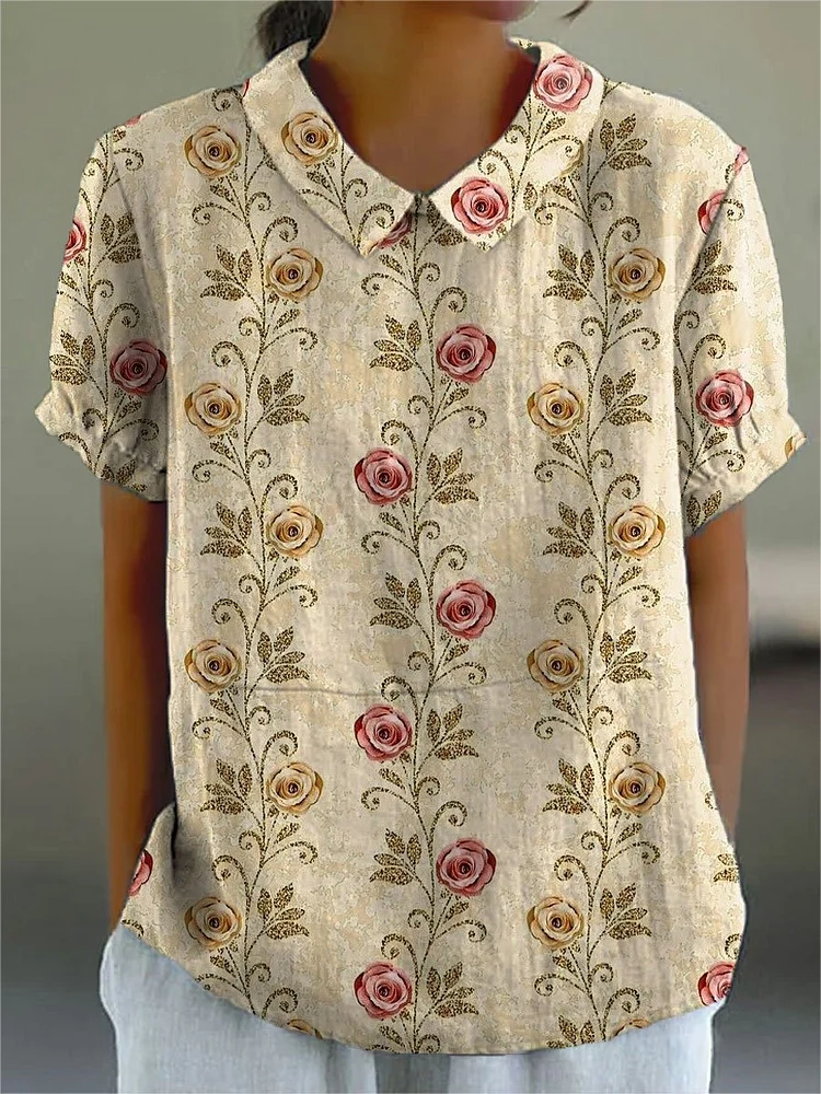 Women's Floral  Print Casual Cotton And Linen Shirt