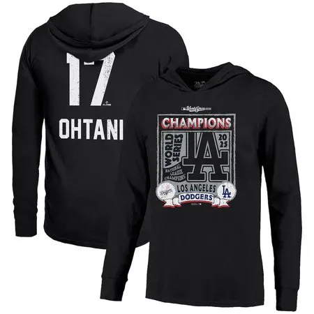 Men's Los Angeles Dodgers #17 Shohei Ohtani  Threads Black 2025 World Series Champions Name & Number Lightweight Hoodie 6RFD