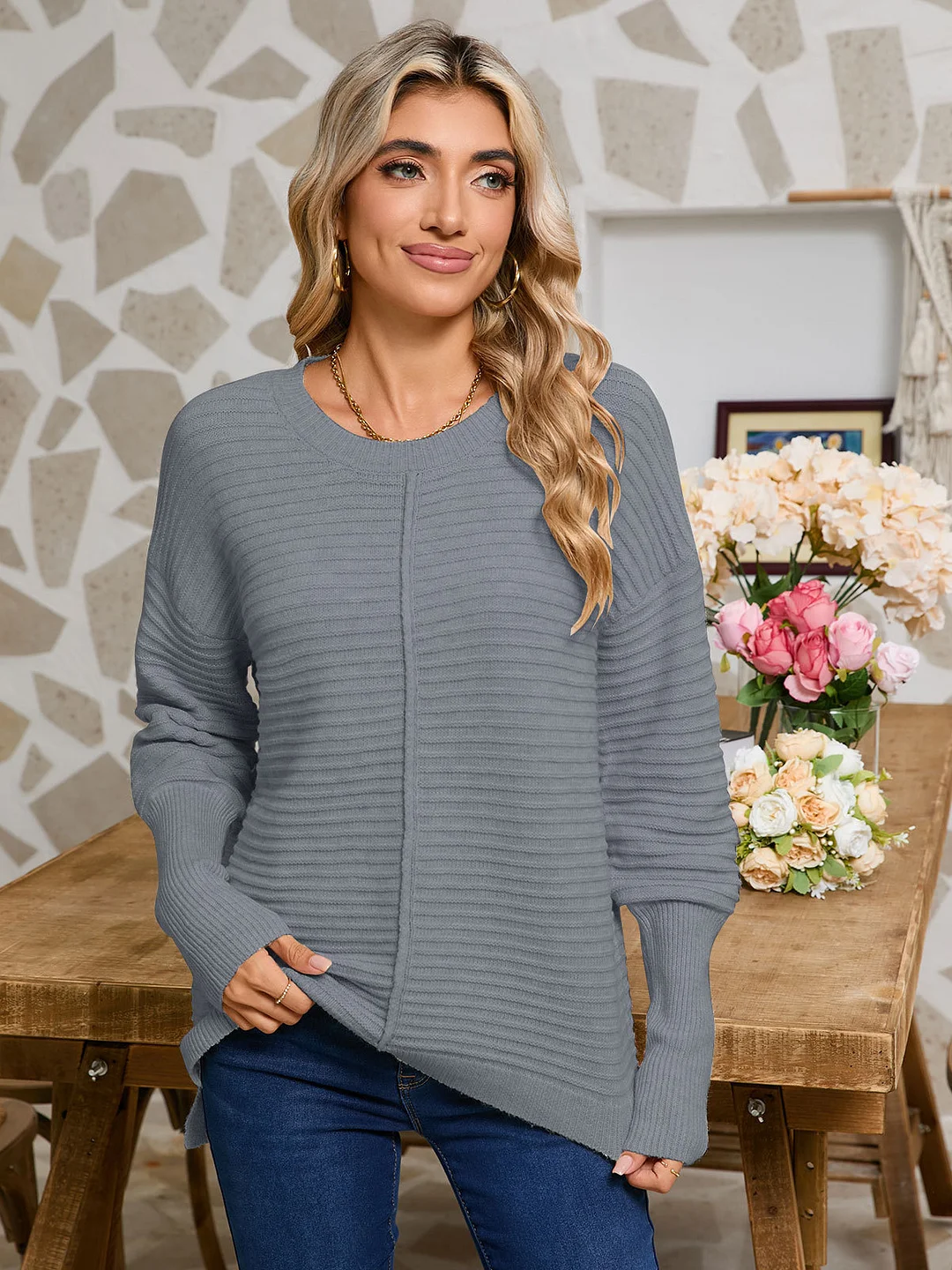 Athvotar Athvotar Solid Color Stifling Sweater Women's Fashion Round-Neck Long-Sleeved Knitted Shirt