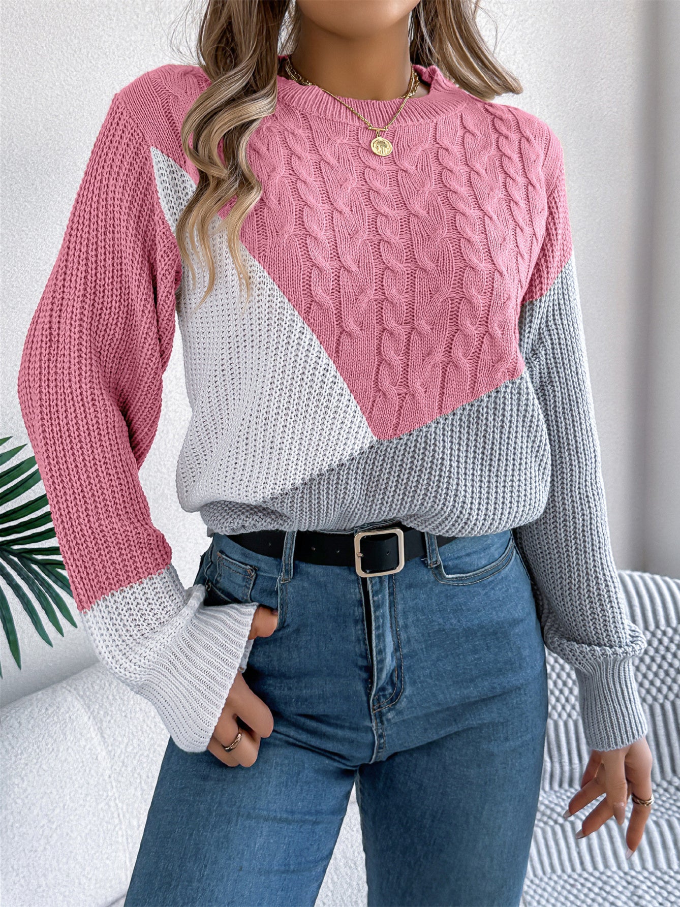 Women's Long Sleeve Scoop Neck Colorblock Printed Tops
