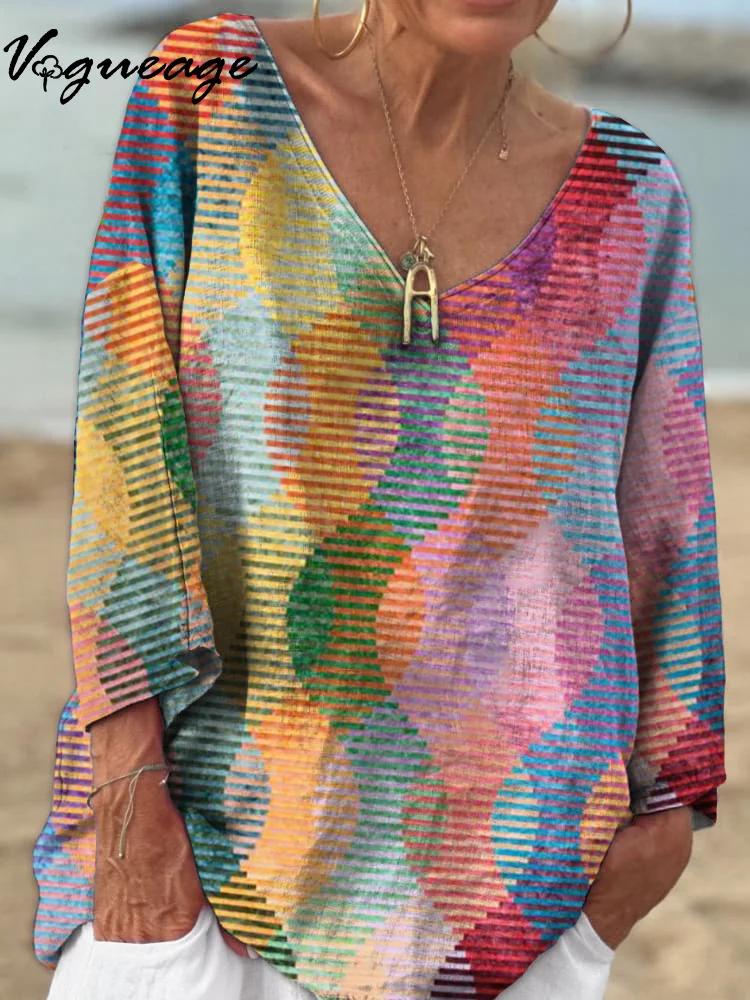Colorful Irregular Rotating Stripes 3/4 Sleeves Printed Cotton And Linen Shirt