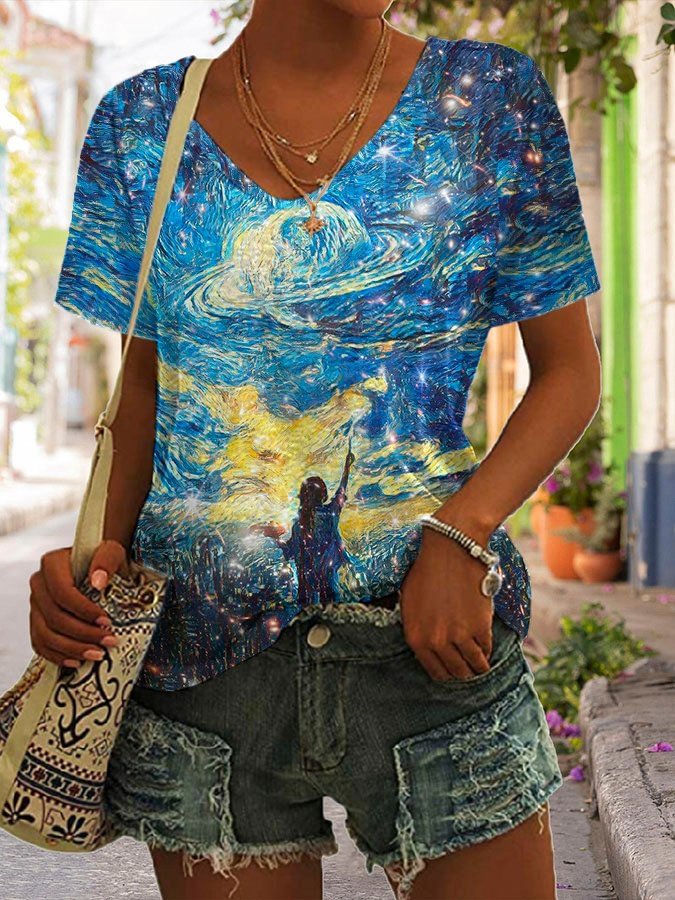 Oil Painting Starry Colorful Short Sleeve T-Shirt