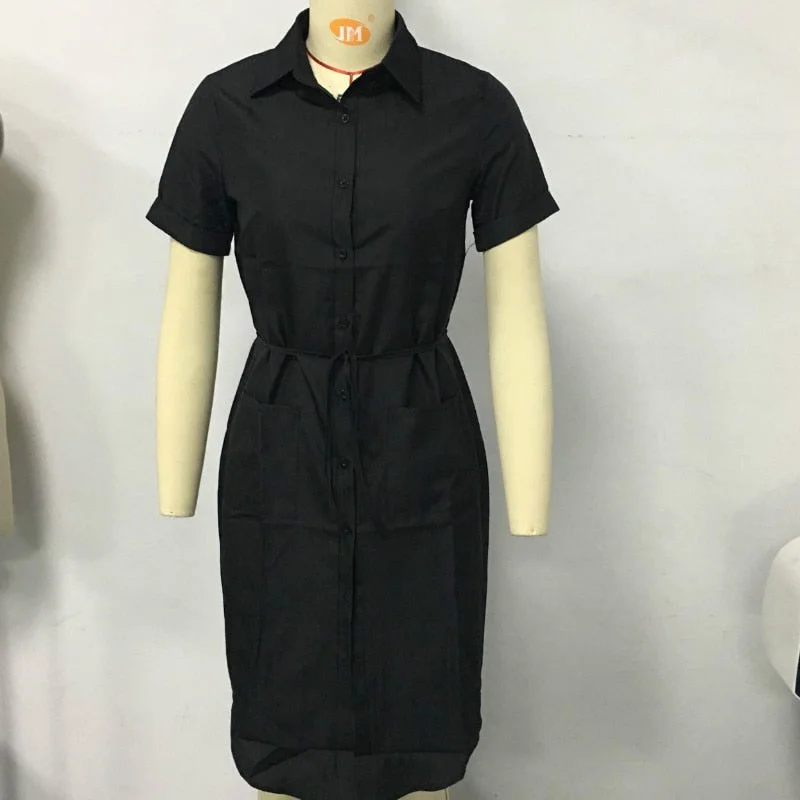 Women's OL Dress V-neck Button Stand Collar Dress Summer Casual Top Long Shirt Dress Plus Size S-2XL