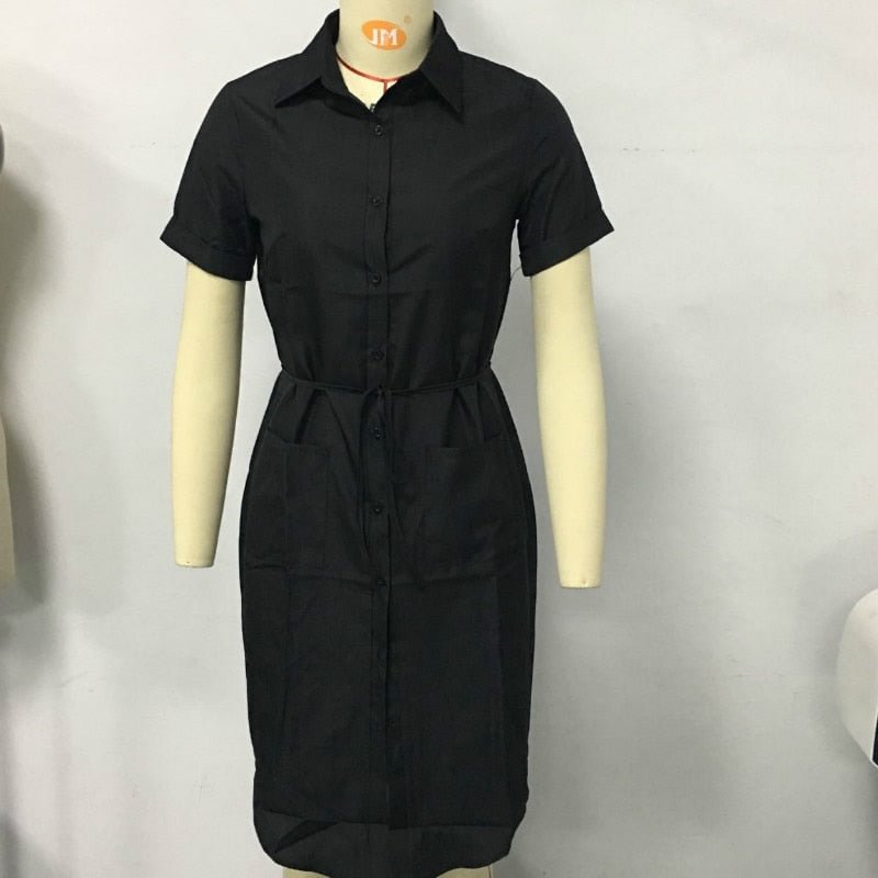 Women's OL Dress V-neck Button Stand Collar  Dress Summer  Casual Top Long Shirt Dress Plus Size S-2XL