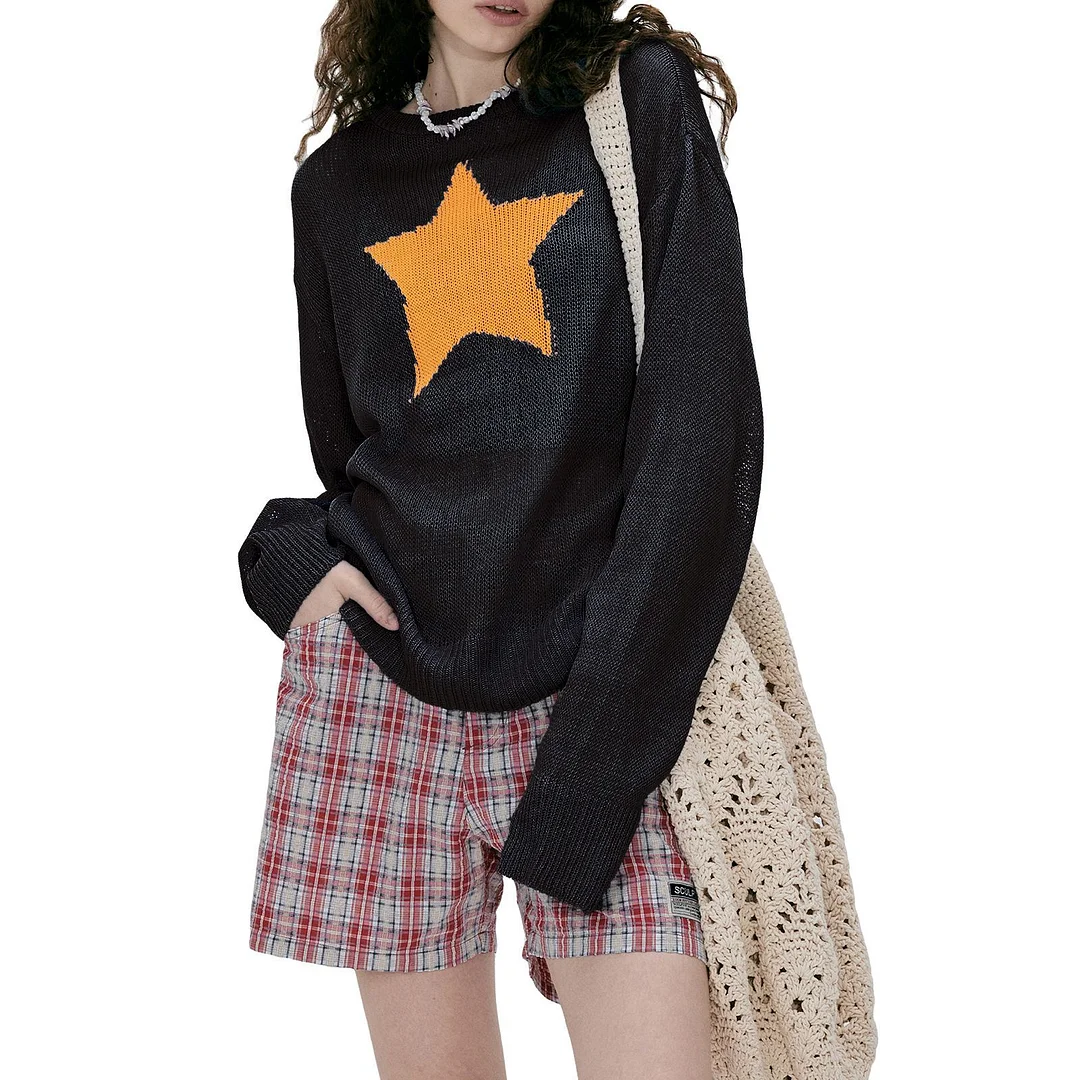 Uveng 2022 Summer Autumn Star Kintted Smock Tops Women Y2K Long Sleeve See Through Loose Pullovers T Shirts Vintage Streetwear