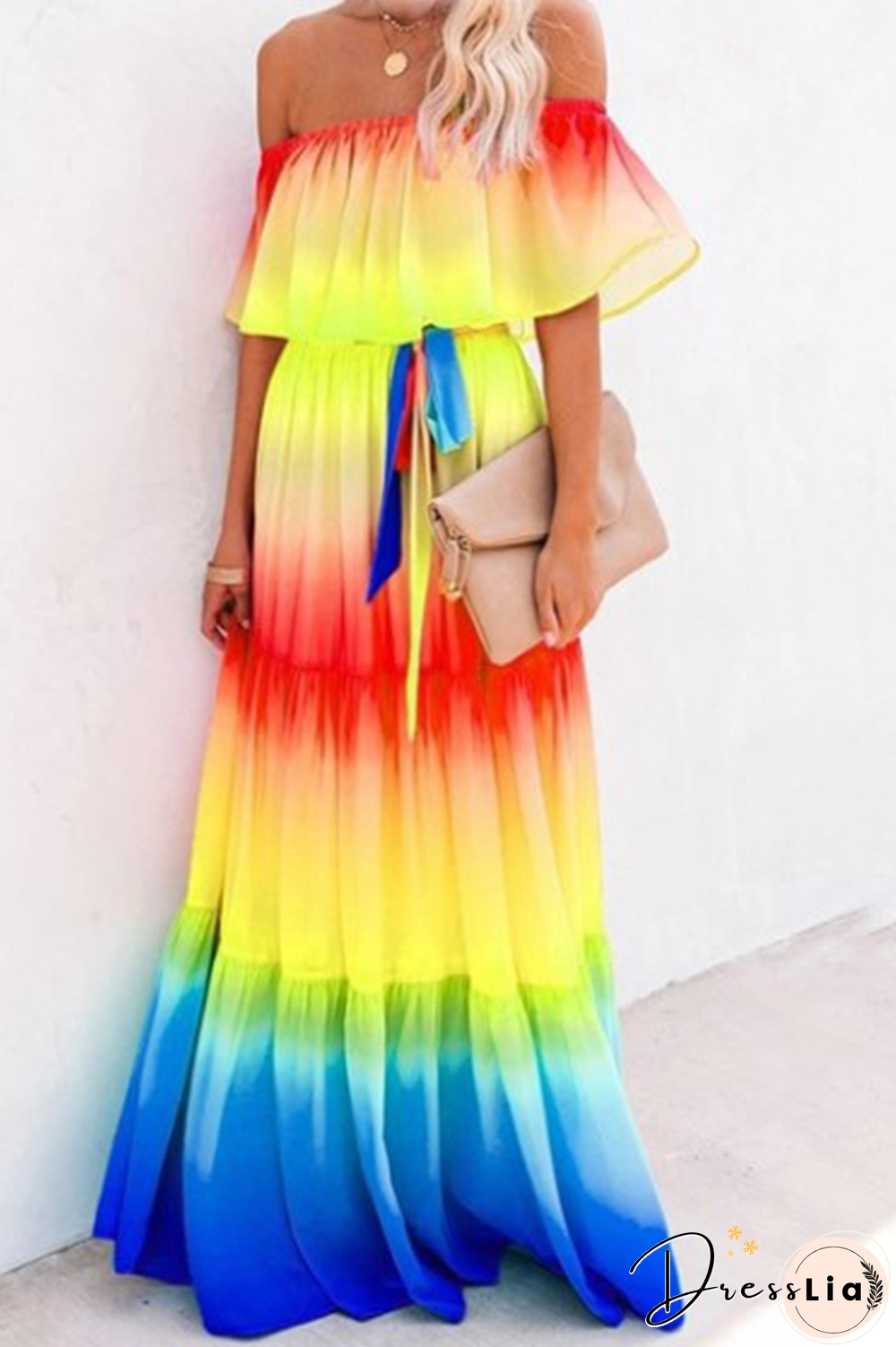 Fashion Gradual Change Flounce Off The Shoulder Cake Skirt Dresses(5 Colors)