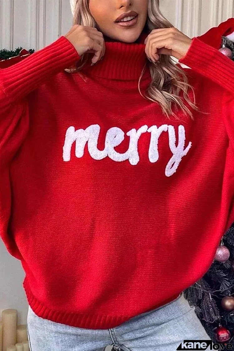 Merry Printed Dolman Sleeve Turtleneck Knitted Sweater