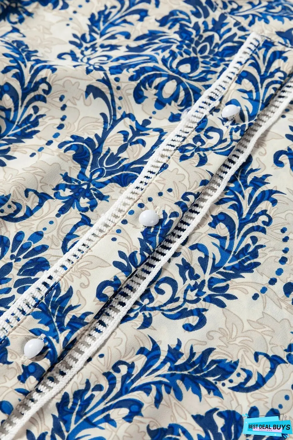 Sky Blue Bohemian Printed Bishop Sleeve Lace Shirt