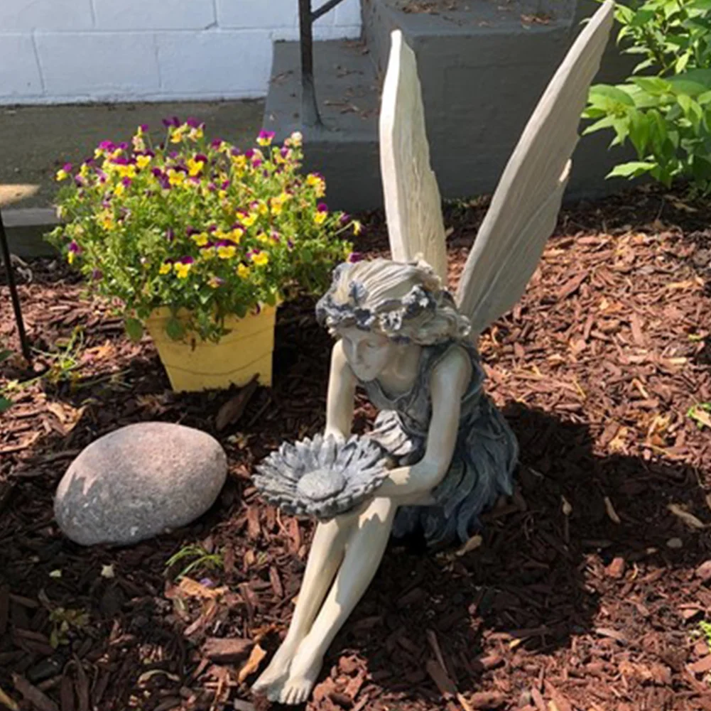 Flower Fairy Sitting Figurines Resin Craft Ornament Yard Art Garden Decor