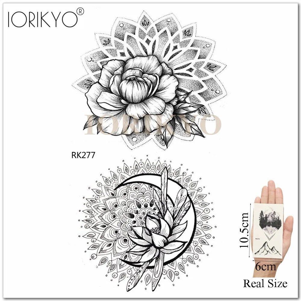 Mandala Henna Flower Fake Tattoo Arm Body Stickers Women Arm Temporary Tattoo Girls Ankle Lace Fake Tatoo Round Black Moon
