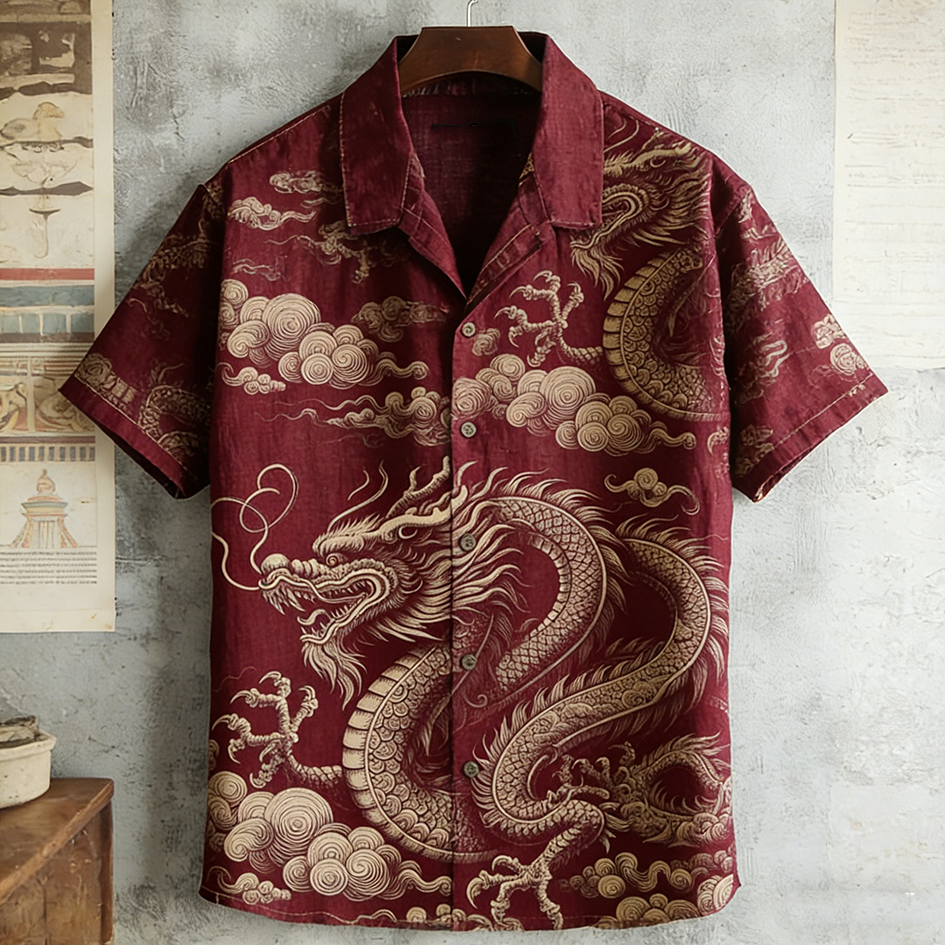 Japanese Art Retro Dragon Pattern Men's Short Sleeve Shirt  artssus