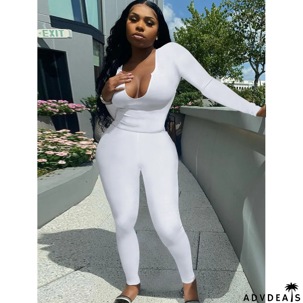 Solid Long Sleeve Stretchy Slim Two Piece Pants Set