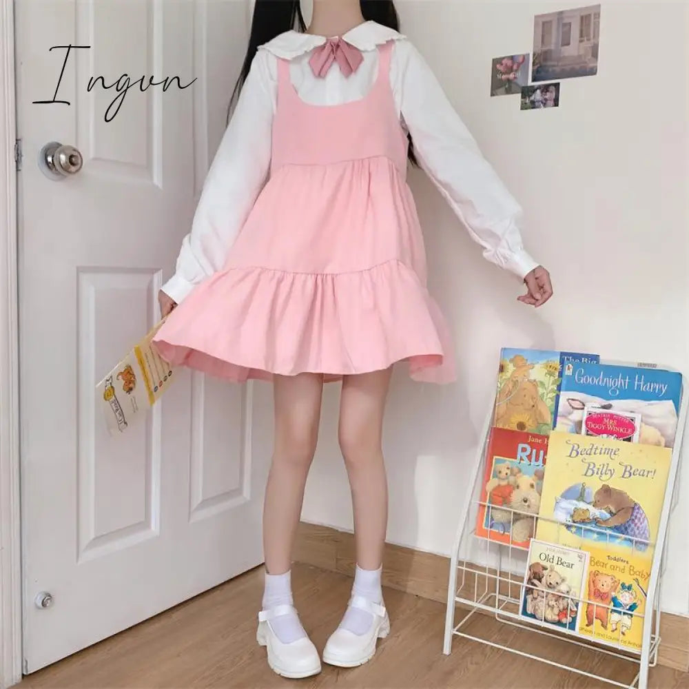 Ingvn - Japan Autumn Kawaii Lolita Two - Piece Suit Cosplay Loli Bow Rabbit Ears Shirt Sweet Soft