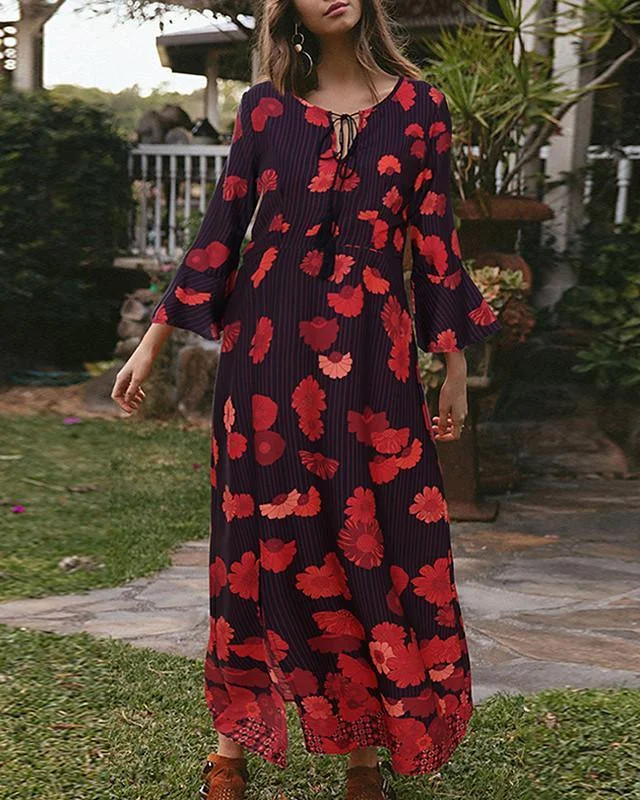 Women's T-Shirt Dress Tee Dress Maxi Long Dress - Long Sleeve Floral Split Patchwork Print Spring Fall Casual Red Orange Black Dresses