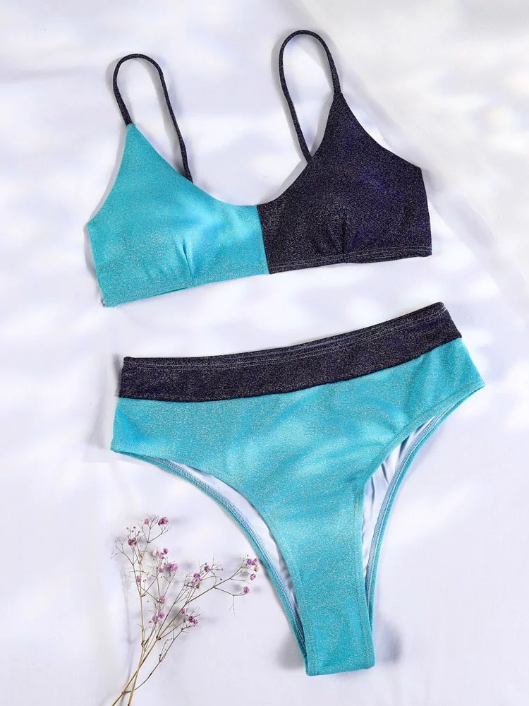 Shiny Bikinis String Swimsuit Women High Wasit Swimwear 2022 New Beachwear Two Piece Suit Sexy Bathing Suits Patchwork Swimsuits