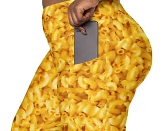 pornhint Pornhint Mac n Cheese Foodie Leggings, Crossover leggings with pockets, High-Waisted Leggings, Sizes 2XS - 6XL, Womens Plus Size Leggings,Foodie Gift