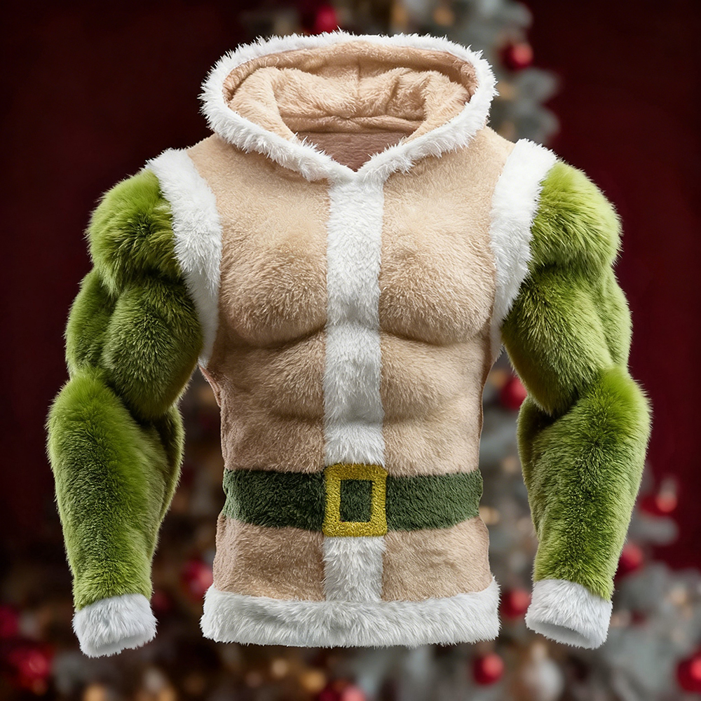Men's Muscle Line Art Christmas Inspired Cozy Plush Hoodie elevenforest