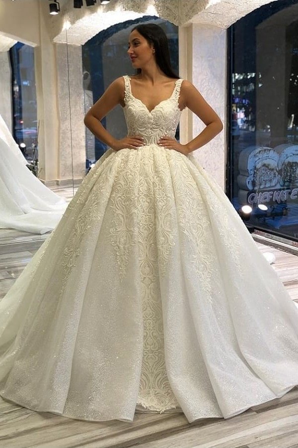 Gorgeous Sweetheart Spaghetti-Straps Sequins Backless Ball Gown Wedding Dress With Appliques Lace | Ballbellas Ballbellas