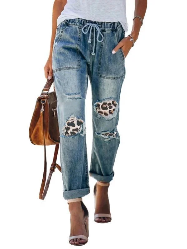 Loose Wide Leg Ripped Elastic Waist Jeans