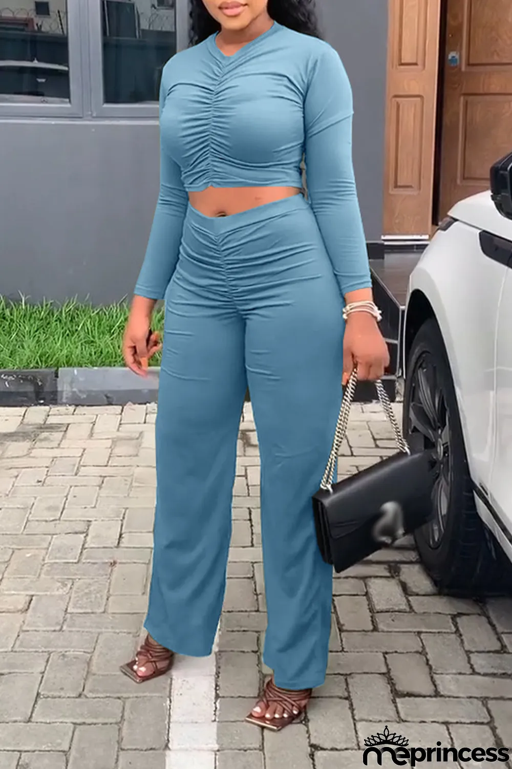 Orange Fashion Solid Fold V Neck Long Sleeve Two Pieces