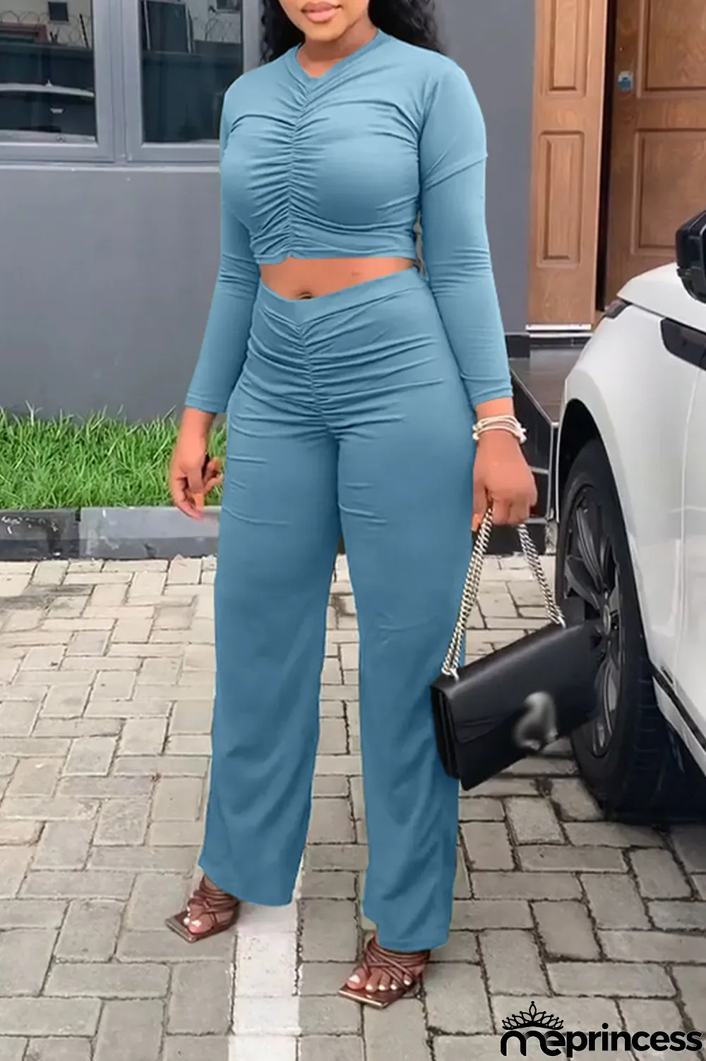 Orange Fashion Solid Fold V Neck Long Sleeve Two Pieces