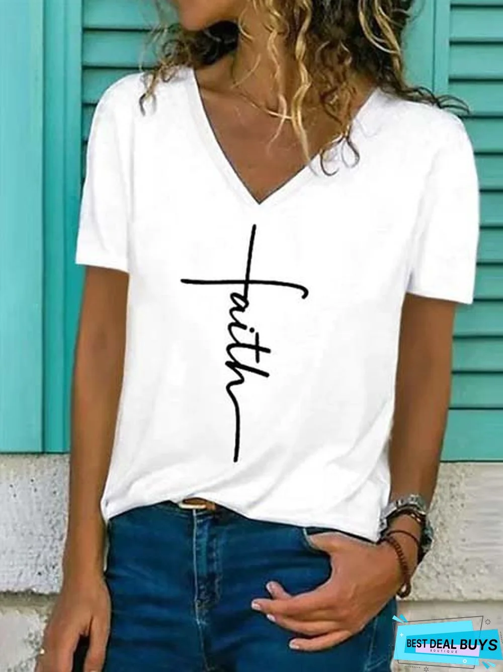 Short Sleeve V Neck Casual Letter Tunic T-Shirt