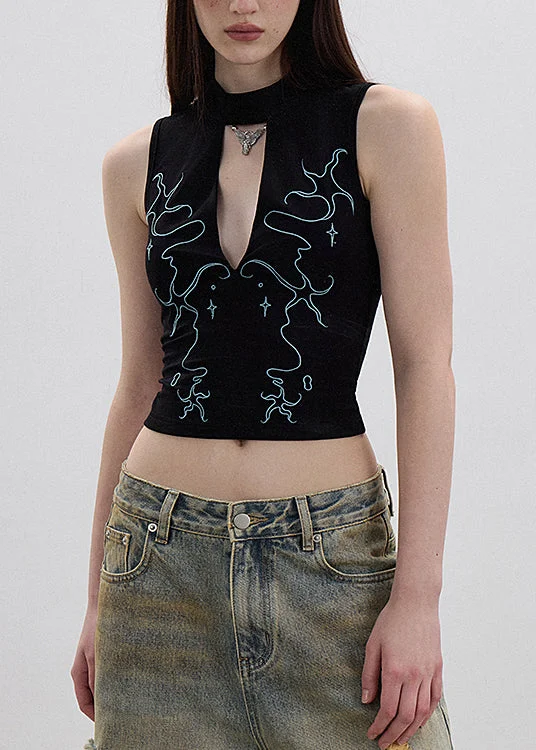 Chic Black Hollow Out Embroidered Cotton Tank Sleeveless