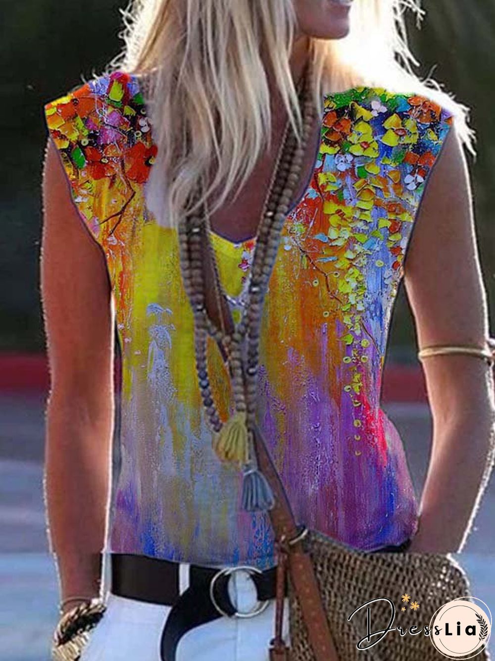 Printed Sleeveless Casual V Neck Shirts & Tops