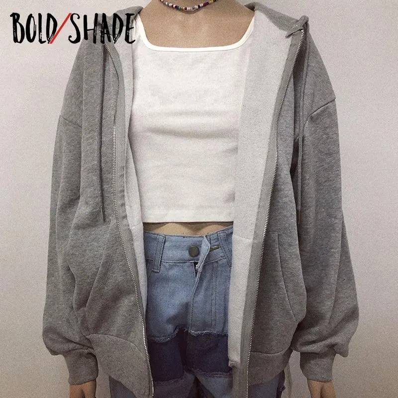 Bold Shade Indie 90s Streetwear Fashion Hoodies Y2k Women Grunge Solid Sweatshirts Long Sleeve Pockets Zipper Hoody Outwear 2020