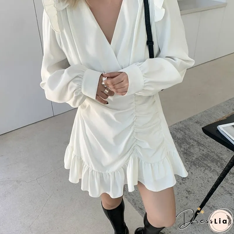 Back College Draped Mini Dress Women Casual High Street French Long Sleeve Waist Party