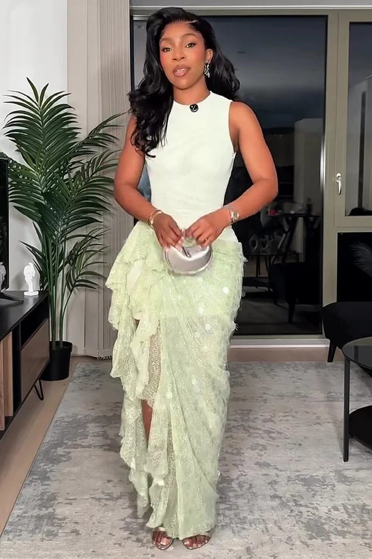 Glitter Mesh Patchwork Hem Sleeveless Party Maxi Dresses-Green [Pre Order]