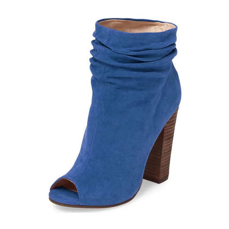 Blue Slouch Boots Peep Toe Vegan Suede Chunky Heels |FSJ Shoes