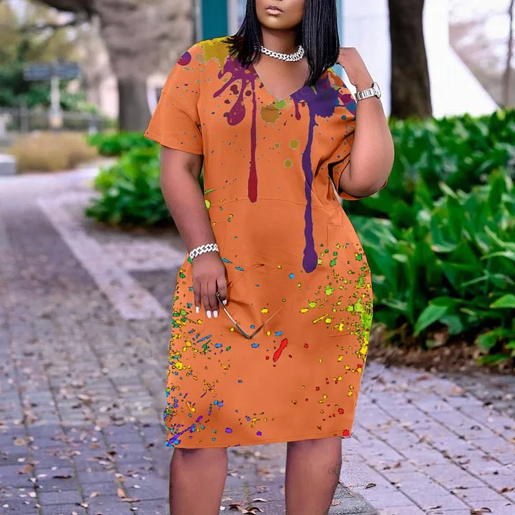 Print V-Neck Short Sleeve Pocket Design Loose Dress - IRBOOM Fashion Clothing