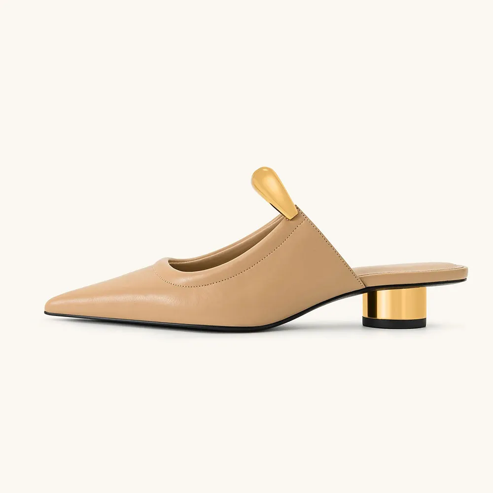 Khaki Vegan Leather Closed Pointed Toe Casual Heeled Mules