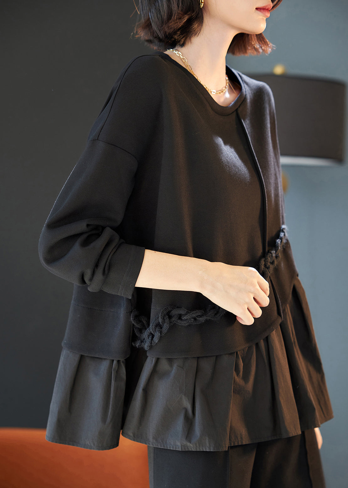 VCSHOES Black Oversized Patchwork Ruffles Cotton Sweatshirts Top Spring