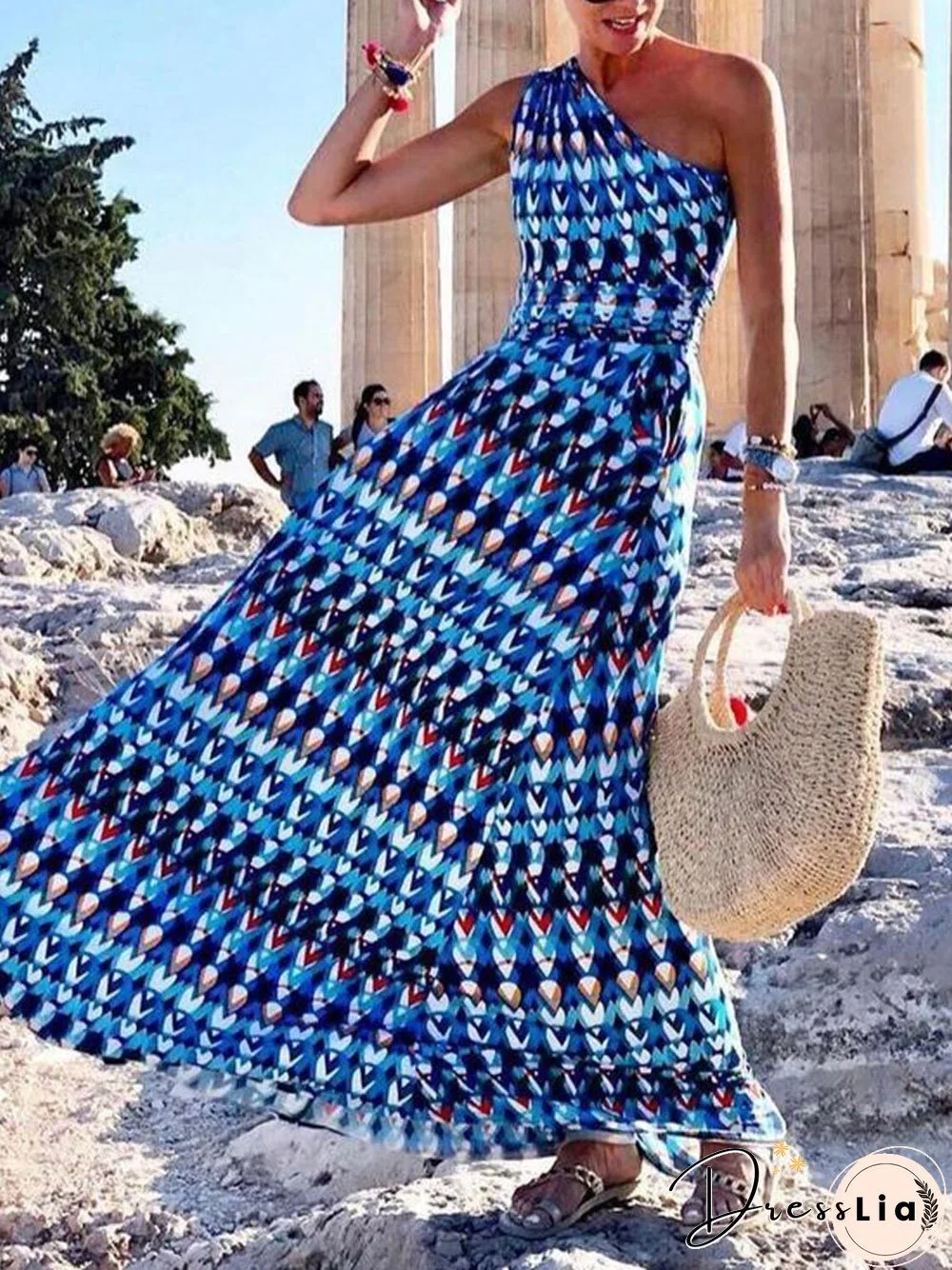 Fashion Floral Printed One Shoulder Maxi Dress P11564