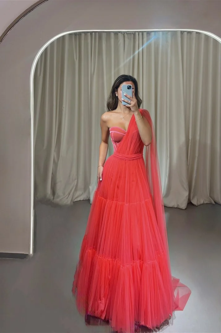 Miabel Stunning Watermelon Tulle Sleeveless One Shoulder A Line Prom Dress with Ruffles 